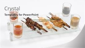  Presentation with sauces - Audience pleasing presentation consisting of shrimp meat barbeque with different sauces isolated on white backdrop and a white colored foreground