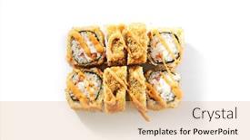  Presentation with spicy food - Presentation theme having shrimp-rolls-with-cream-cheese background and a coral colored foreground