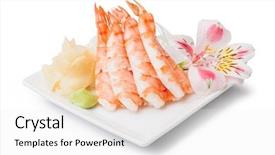  Presentation with manufacturingsteel plate - Audience pleasing PPT layouts consisting of shrimp sashimi with withe plate backdrop and a  colored foreground
