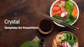  Presentation with salmon fish - Colorful PPT theme enhanced with shrimps and vegetables traditional hawaii backdrop and a wine colored foreground