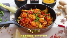  Presentation with shrimps - Slides consisting of shrimps-fried-on-iron-pan background and a tawny brown colored foreground