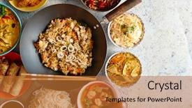  Presentation with fried chicken - Colorful PPT layouts enhanced with shrimps top view asian style backdrop and a red colored foreground