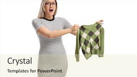  Presentation with accident - Cool new slides with accident problem - shocked young woman holding backdrop and a white colored foreground