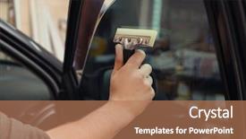  Presentation with landscape maintenance worker safety - Slide set with worker applying tinting foil onto background and a coral colored foreground