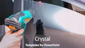  Presentation with worker - Amazing slide set having applied materials - worker applying tinting foil onto backdrop and a gray colored foreground