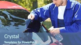  Presentation with worker - Slides featuring staff vehicles - worker applying tinting foil onto background and a ocean colored foreground