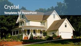  Presentation with architecture home - Amazing PPT theme having shrubbery - beautiful home or house backdrop and a teal colored foreground