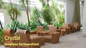  Presentation with chairs - Presentation enhanced with shrubbery - business patio with curved wooden background and a  colored foreground