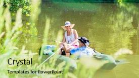  Presentation with fishing boat - Theme enhanced with shrubbery - couple in boat on pond background and a yellow colored foreground
