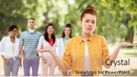  Presentation with sad girl - Amazing presentation theme having shrugging or holding something imaginary backdrop and a coral colored foreground