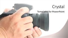  Presentation with camera - Beautiful presentation theme featuring shutter stock - hand holding a digital camera backdrop and a white colored foreground