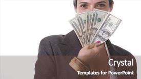  Presentation with win - PPT theme featuring shy businesswoman showing the money she win background and a tawny brown colored foreground