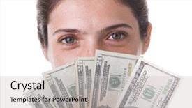  Presentation with win - Slide deck featuring shy businesswoman showing the money she win background and a light gray colored foreground