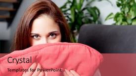  Presentation with home - Cool new slide deck with shy woman hiding her face backdrop and a coral colored foreground