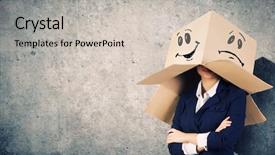  Presentation with box carton - PPT theme enhanced with shyness - businesswoman wearing carton box background and a soft green colored foreground