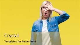  Presentation with eyes - Presentation with shyness - young beautiful blonde woman wearing background and a yellow colored foreground