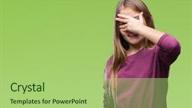  Presentation with eyes - Colorful PPT theme enhanced with shyness - young beautiful girl over isolated backdrop and a  colored foreground