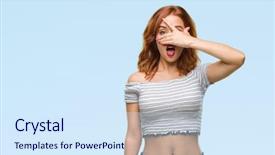  Presentation with eyes - Audience pleasing theme consisting of shyness - young beautiful woman over isolated backdrop and a sky blue colored foreground