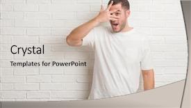  Presentation with paint white brick wall - Presentation design with shyness - young caucasian man standing background and a  colored foreground