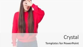  Presentation with eye glasses looking at world - Colorful PPT theme enhanced with shyness - young chinese woman over isolated backdrop and a white colored foreground