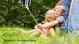  Presentation with siblings - Audience pleasing PPT layouts consisting of siblings-camping-make-a-selfie backdrop and a yellow colored foreground