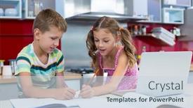  Presentation with siblings - Amazing PPT theme having siblings doing homework in kitchen at home backdrop and a sky blue colored foreground