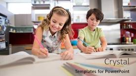  Presentation with siblings - Amazing PPT theme having siblings doing homework in kitchen at home backdrop and a soft green colored foreground