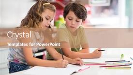  Presentation with siblings - Presentation design consisting of siblings doing homework in kitchen at home background and a coral colored foreground