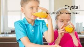  Presentation with siblings - Presentation theme featuring siblings drinking orange juice in kitchen at home background and a coral colored foreground