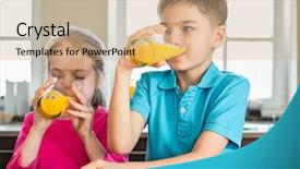  Presentation with siblings - Cool new PPT theme with siblings drinking orange juice in kitchen at home backdrop and a coral colored foreground