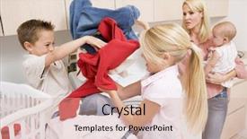  Presentation with laundry service - PPT layouts with siblings fighting while doing laundry background and a coral colored foreground