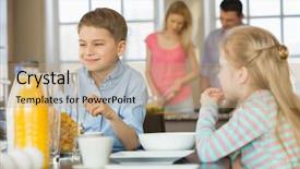  Presentation with siblings - Slide set with siblings having breakfast at table with parents cooking in background background and a coral colored foreground