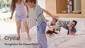  Presentation with siblings - Cool new slide deck with siblings jumping on parents bed backdrop and a mint green colored foreground