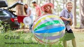  Presentation with play kids - Beautiful presentation design featuring siblings kids play with a colorful ball in the summer holidays backdrop and a seafoam green colored foreground