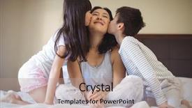  Presentation with siblings - PPT theme having siblings kissing mother on cheeks background and a coral colored foreground