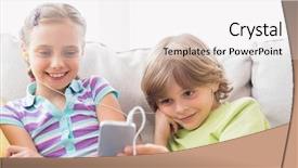  Presentation with siblings - Presentation theme consisting of siblings listening music through mobile phone on sofa at home background and a white colored foreground