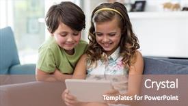  Presentation with siblings - PPT theme enhanced with siblings using digital tablet in living room at home background and a coral colored foreground