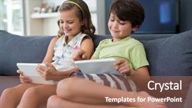  Presentation with siblings - Cool new presentation theme with siblings using digital tablet in living room at home backdrop and a coral colored foreground