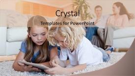  Presentation with siblings - Presentation design with siblings using tablet together on the living room floor background and a coral colored foreground