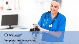  Presentation with veterinary - Amazing slides having office sick - beautiful veterinary doctor checking dog's backdrop and a teal colored foreground