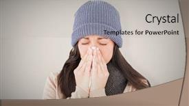  Presentation with nose - Cool new PPT theme with sick brunette blowing her nose against grey background with vignette backdrop and a light gray colored foreground