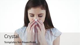  Presentation with nose - Amazing presentation design having sick brunette blowing her nose on white background backdrop and a light gray colored foreground