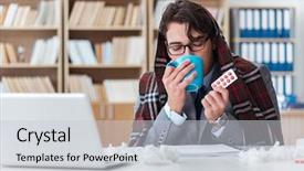  Presentation with illness - Colorful presentation theme enhanced with sick businessman suffering from illness in the office backdrop and a light gray colored foreground