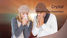  Presentation with sneezing - Presentation theme having sick couple in winter fashion sneezing against sunrise over mountains background and a coral colored foreground