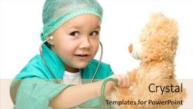  Presentation with teddy bear - PPT theme consisting of sick kid - cute little girl is playing background and a coral colored foreground