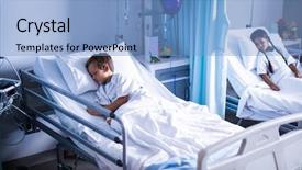  Presentation with hospital bed - Slide set featuring sick kid - patients sleeping on the bed background and a light blue colored foreground