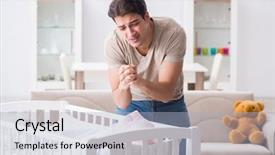  Presentation with baby sick - Amazing slides having sick leave - young father dad frustrated backdrop and a light blue colored foreground