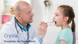  Presentation with sore throat - Cool new slide set with sick little girl keeping mouth open while doctor in whitecoat examining her sore throat with medical tool backdrop and a lemonade colored foreground
