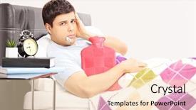  Presentation with hot thermometer - PPT layouts consisting of sick man in bed having a headache with thermometer in his mouth holding a hot-water bottle background and a lemonade colored foreground