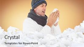  Presentation with sneezing - Slide set with sick man in winter fashion sneezing against orange vignette background and a sky blue colored foreground
